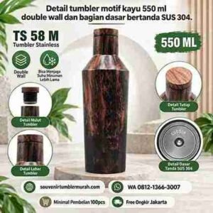 Detail tumbler motif kayu 550 ml double wall dan bagian dasar bertanda SUS 304