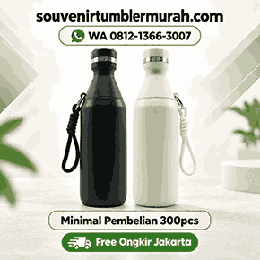 Souvenir tumbler custom stainless 500ml warna hitam dan putih dengan tali pembawa, minimal pembelian 300 pcs, free ongkir Jakarta