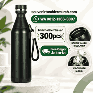 Souvenir tumbler custom stainless hitam dengan detail double layer insulated dan wide mouth minimal pembelian 300 pcs free ongkir Jakarta