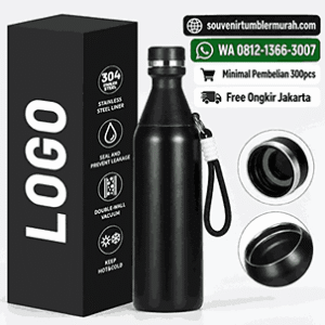 Souvenir tumbler stainless SUS 304 500ml warna hitam doff dengan box kemasan, tali pembawa, desain double wall vacuum, cocok untuk souvenir perusahaan dan tumbler custom